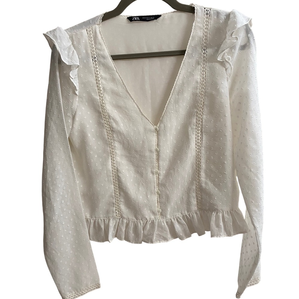 Zara White Clip Dot Ruffle V-Neck Button Front Blouse Top 0881/015/712‎ Medium
